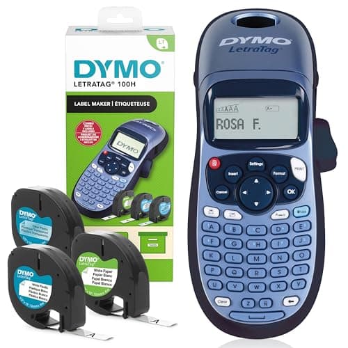 Image of Dymo LetraTag LT-100H Label Maker Starter Kit | Handheld Label Printer Machine | with White Plastic, Clear Plastic & Paper Labels | Ideal for Office or Home