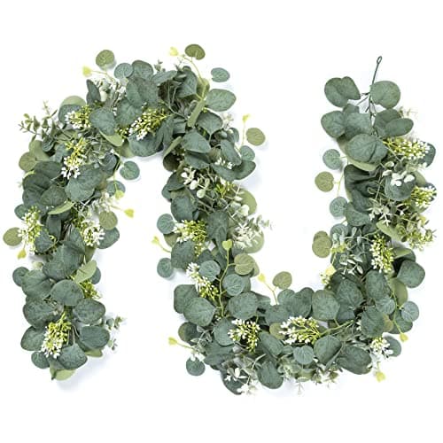 Image of UXORSN 2PCS Artificial Eucalyptus Garland 6FT Faux Silver Dollar Foliage Greenery Vines Fake Leaves White Seeds Hanging Ivy Artificial Foliage Garlands for Wedding Party Mantle Table Home Decoration