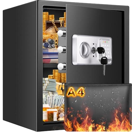 Image of Mejasg Large Fireproof Safe for Home with A4 Fireproof Bag and Removable Shelf, 52L Anti-Theft Home Safe Box with Alarm and Silent Mode, Security Digital Fire Safes for Money Jewelry A4 Document
