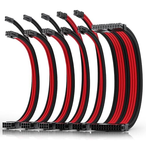 Image of AsiaHorse 16AWG PSU Extension Cable 6 Kit Red and Black, 30CM Sleeved Custom PC Power Supply Cables, Soft Braided 1x 24Pin ATX, 2x EPS 4+4 Pin, 3x PCI-E 6+2 Pin, with Cable Combs for Cable Management
