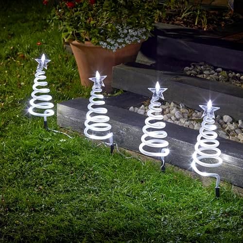 Image of Marco Paul Set of 4 Spiral Christmas Tree Stake Lights – 50 cm Battery-Operated Outdoor Decorations with 40 Cool White LEDs – Light-Up Garden Ornaments with Timer Function for Festive Pathway