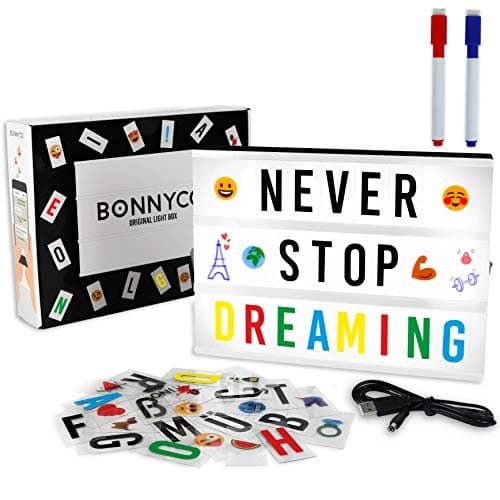 Image of BONNYCO A4 Cinema Light Box with 400 Letters, Symbols, Emojis, 2 Markers and USB Included. Led Light Box Vintage Home Decoration, Wedding. Led Letters Board Decor, Novelty Gifts Christmas Birthdays