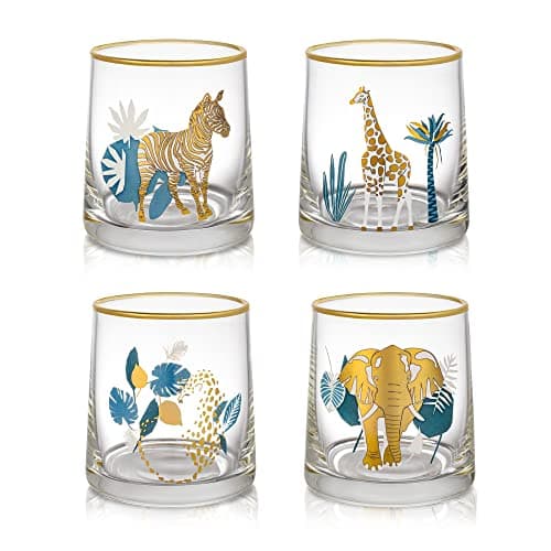 Image of Joeyan 270ml Creative Drinking Glasses with African Animal Patterns - Set of 4 Gold Rimmed Decal Water Glasses - Novelty Whiskey Tumblers for Wine, Cocktail, Rum, Liquor and Beverages
