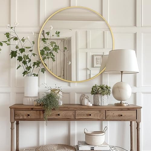 Image of Melodieux Round Wall Mirror 90cm Gold Circle Home Decorative Hanging Wall Mounted Vanity Mirror for Bathroom Hallway Bedroom Living Room