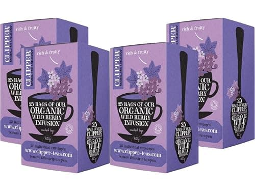 Image of Clipper Organic Berry Burst Infusion Herbal Tea, 25 Tea Bags, Naturally Caffeine-Free Fruit Tea, Plastic-Free Plant-Based Teabags, Vegan & Organic, Individually Wrapped (Pack of 4) from SuperfoodUK