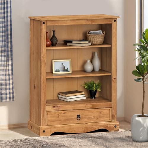 Image of Corona Furniture Corona 1 Drawer Bookcase Solid Wood Pine Wooden Mexican Style Small Low Open Display Shelves Shelving Office Living Room Dining Kitchen 110cm High 81cm Wide 30cm Deep