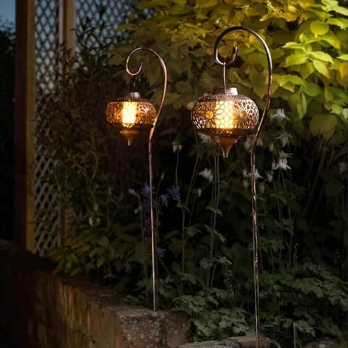 Image of Garden Mile Set of 2 Extra Large Solar Stake Lights Outdoor Garden Lanterns Solar Powered Realistic Flame Effect Hanging Outdoor Lanterns Ideal for Driveway Pathway Lighting