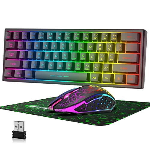 Image of 60% Wireless Gaming Keyboard and Mouse Combo Set 2.4GHz Rechargeable 3800mAh Quiet 61 Keys Compact Gaming Keyboard with Rainbow LED Backlit + 2400DPI 6 Buttons Rainbow LED Silent Mouse (Black)