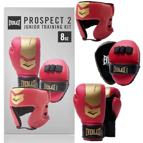 Image of Everlast Prospect 2 Kids Boxing Gloves and Pads Set (Red/Gold) 8oz Youth Boxing Gloves and Mitts, Protective and Comfortable Kids Boxing Set - Authentic Everlast Gear
