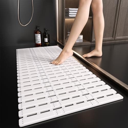 Image of XIYUNTE Large Shower Mat Non Slip Anti Mould for Elderly- 90x40cm Bath Mat Non Slip Shower Mats for Inside Shower, TPE Anti Slip Shower Mat with Suction Cups, Bathtub Mat, Cut to Size, White
