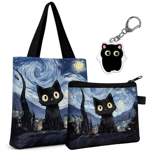 Image of 3Pcs Cat Tote Bag, Personalised Tote Bag Set with Makeup Pouch, Versatile Daily Shopping Bag for Cat Lovers, Large Canvas Tote 39 cm Height 34 cm Width and Matching Pouch 11 cm Height 13.5 cm Width