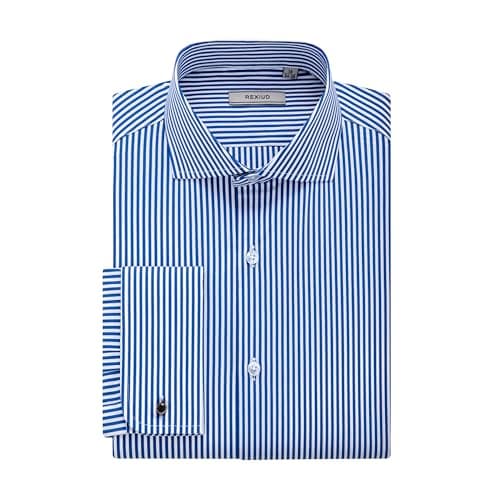 Image of REXIUD Men’s Stretch Stripe Dress Shirt – Windsor Collar, French Cuffs, Formal Long Sleeve Shirt for Office & Business (UK, Neck & Sleeve, 16.5, 34, 35, Regular, Regular, Blue)