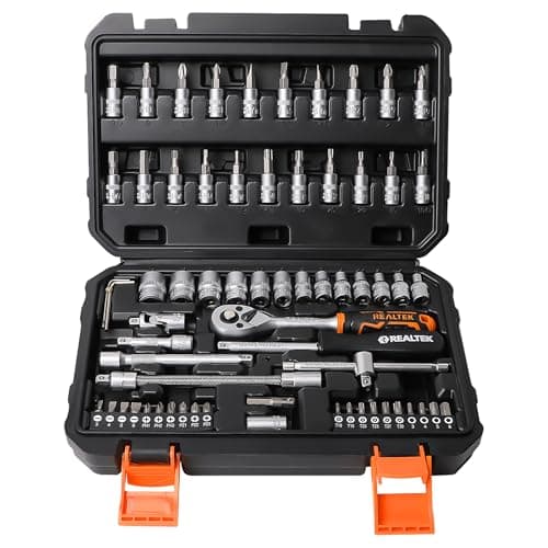 Image of REALTEK 66 Piece 1/4 Inch Drive Socket Set, Ratchet Wrench Set with Bit Socket Set, 72 Teeth Quick Release Reversible Ratchet Set with Flexible Extension Rods for Auto Repairing and Household
