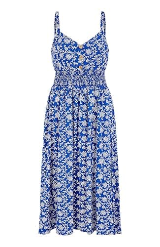 Image of Yumi Blue Block Print Midi Sun Dress with Button Details (UK, Numeric, 12, Regular, Regular, Blue)