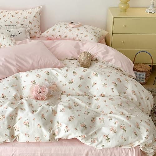 Image of Lanqinglv Double Duvet Cover Set Floral White Pink Flowers Bedding Modern Comforter Cover 200x200 cm with Zipper Closure and 2 Pillowcases 50x75 cm