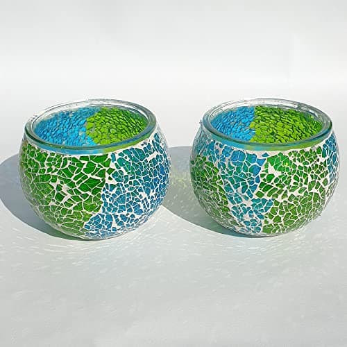 Image of Mosaic Glass Candle Holder Vintage Jar Tealight Holders, Home Decoration with upto 8 Hour Burn Tea Light Candles (Blue & Green Twin Crackle)