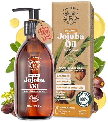 Image of BIONOBLE Organic Jojoba Oil Cold Pressed Unrefined - Balances Sebum, Smoothes, Anti-Acne - 100% Pure Jojoba Oil for Skin, Face, Hair, Body - Vegan, Hexane Free - Glass Bottle and Pump - 200ml