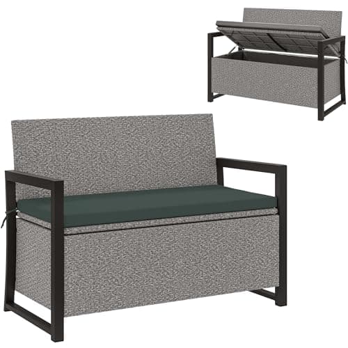 Image of Outsunny 151.5 L Garden Storage Bench with Inner Bag, 2 Seater PE Rattan Outdoor Garden Bench with Storage, Cushion, Wicker Outdoor Loveseat for Patio, Grey