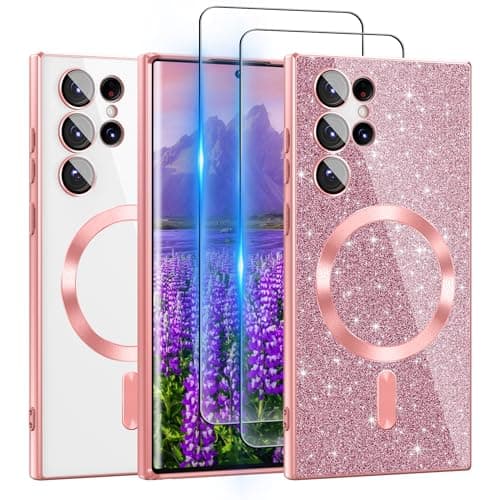 Image of Pilaru 3 in 1 Clear Glitter Case for Samsung Galaxy S22 Ultra 6.8" Compatible with MagSafe Never Yellowing Shockproof Cover with Bling Card & 2 HD Screen Protectors for Women Girls S22 Ultra -Pink