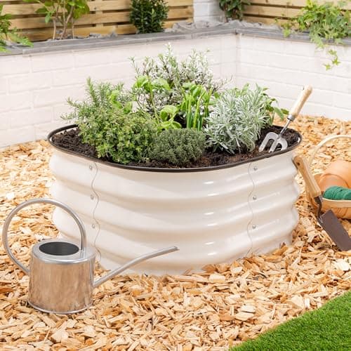 Image of CHRISTOW Square Raised Garden Bed – 63cm x 63cm x 30cm, Cream Galvanised Steel Planter, Open Base for Drainage, Outdoor Grow Bed for Plants, Flowers & Vegetables, Protective Rubber Rim