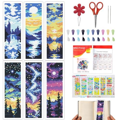 Image of 6PCS Starry Nightscape Cross Stitch Bookmark Kits, Lake & Sky Scenery Stamped Embroidery Bookmarks for Beginners with Instructions, DIY Needlepoint Craft Bookmark Gift for Book Lovers & Readers