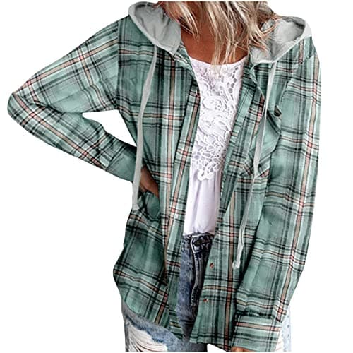 Image of AnnSemo Women Plaid Shirts Button Down Casual Tartan Hoodie Jacket Fall Lightweight Loose Check Blouse Tops Checked Shacket Long Sleeve Flannel Shirt Winter Hoodie Overwear Office Work