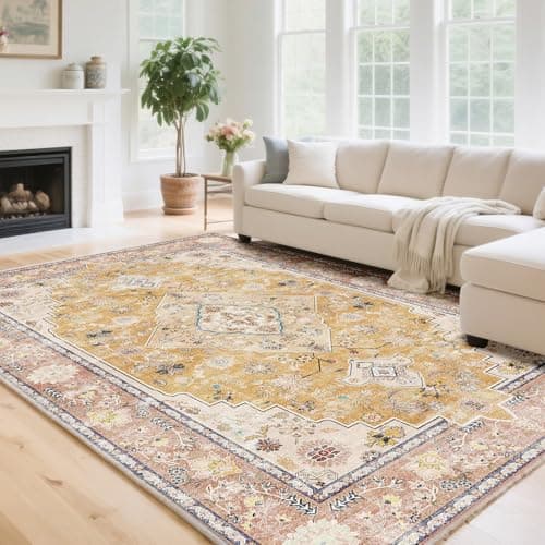 Image of HiChiclife Yellow Persian Rug 160x230 cm – Extra Large Vintage Boho Carpet for Lounge or Dining Room – Soft Printed Area Rug with Anti Slip Backing