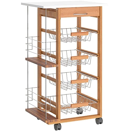 Image of HOMCOM Rolling Kitchen Cart, Utility Storage Cart with 4 Basket Drawers & Side Racks, Wheels for Dining Room, Brown