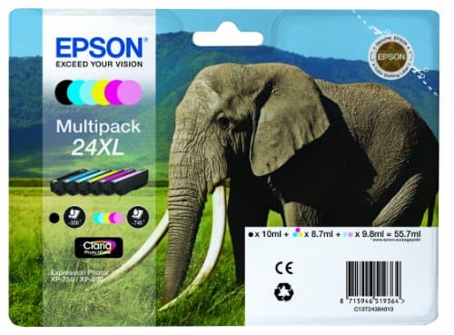 Image of EPSON C13T24384010 Elephant 24XL (RF/AM) High Capacity 6 Colour Multipack Ink Cartridge (Black Cyan Magenta Yellow Light Cyan Light Magenta) for Expression Photo: XP-750 / XP-850 T2438