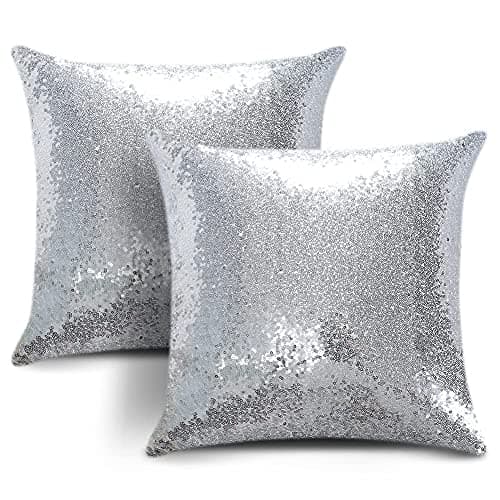 Image of JOTOM Sequins Cushion Covers Set of 2 Luxury Comfy Satin Sparkle Throw Pillow Case Solid Color Cushion Case Square Pillow Covers Home Decor for Couch Wedding Bed Living Room Party (Silver,45x45cm)