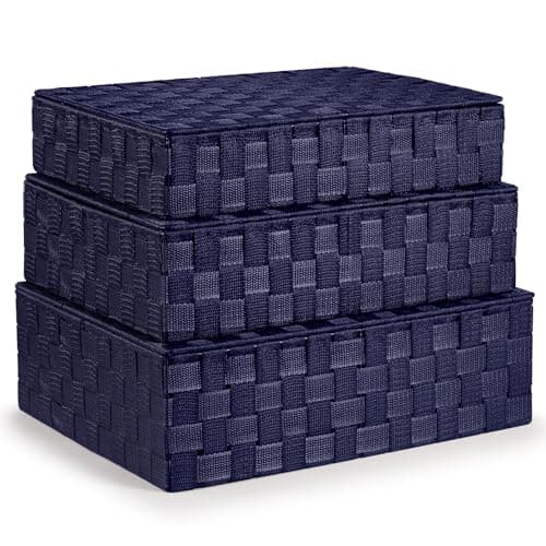 Image of EHC Storage Boxes With Lid Set of 3, Storage baskets for shelves Woven, Storage Organiser Hamper Baskets, Navy Blue