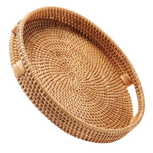 Image of Rattan Serving Tray 34cm / 13.8" • Woven Serving Trays with Handles for Home by JUNGLE CULTURE® • Round Coffee Table Tray • Wicker Serving Basket for Bread, Fruit, Candles • Natural Honey