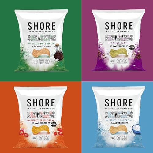 Image of Shore Seaweed Chips Selection, New Variety Pack, 25g (Pack of 8), x2 Lightly Salted, x2 Peking Duck, x2 Salt & Balsamic, x2 Sweet Siracha, Seaweed Crisp - Low Calorie Snacks, Low Fat, Source of Fibre