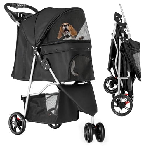 Image of YITAHOME 15 kg Foldable Dog Stroller, Cat Stroller with 3 Wheels, Mesh Windows, Cup Holder, and Brakes, Suitable for Medium-Sized Pets Black