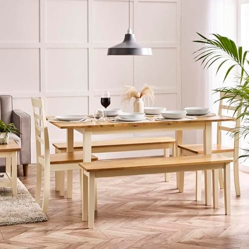 Image of Furniturebox UK Salcombe Extending Rectangular Wooden Table with 2 Whitby Chairs & 2 Large Benches