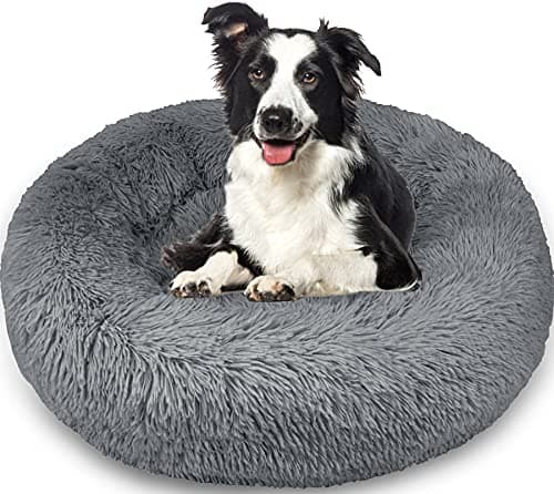 Image of Enjamoy Plush Donut Dog Bed, Calming Round Dog Cat Bed Soft and Fluffy Cuddler Pet Cushion Self-Warming Puppy Beds Machine Washable, Dark Grey 80cm