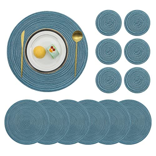 Image of Pauwer Woven Table Placemats and Coaster sets 6, Round Cotton Dinner Table Mats Anti Slip Heat Resistant Place Mats Easy Clean