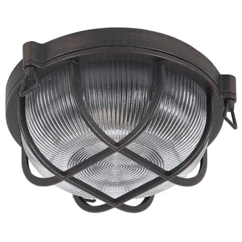 Image of Old English Rustic Brown & Ribbed Glass Outdoor Vintage Round Flush Bulkhead Wall Light | 27cm Diameter | IP44 Rated | 1 x ES E27 Lamp Bulb Required | Bathroom Use | UK Approved | Low Profile 11cm