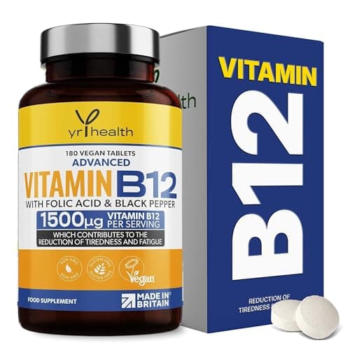 Image of Vegan Vitamin B12 Tablets 1500mcg Methylcobalamin High Strength with Added Folic Acid & Black Pepper - 180 Tablets (6 Month Supply) - Reduction of Tiredness & Fatigue - Made in The UK By YrHealth