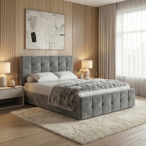 Image of Blisswood Small Double Ottoman Bed, 4ft Upholstered Velvet Storage Bed Frame with Headboard, UKFR Certified Gas Lift End Opening, Metal Support & Wooden Slatted Base (Dark Grey 120x190cm, No Mattress)