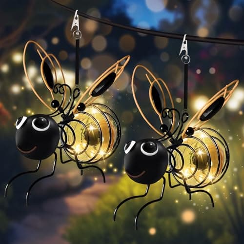 Image of AKOFIC 2 Pack Hanging Bee Solar Lights - Clip-on Waterproof Solar Garden Lights with Springs, Outside Led Lantern Solar Powered Decorations for Patio Balcony Gazebo