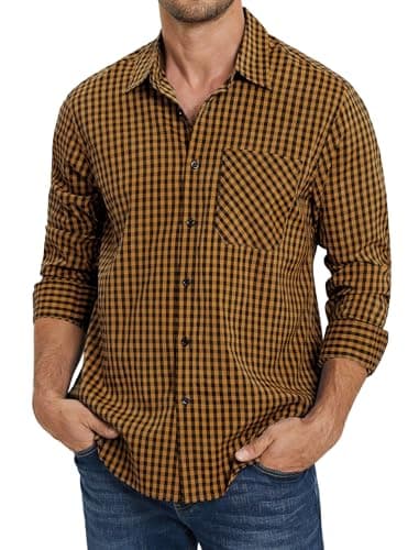 Image of Enlision Mens Check Shirt Long Sleeve Smart Casual Orange and Black Plaid Checked Shirts for Men with Pocket Button Up Classic Gingham Tartan Top for Country Lumberjack S