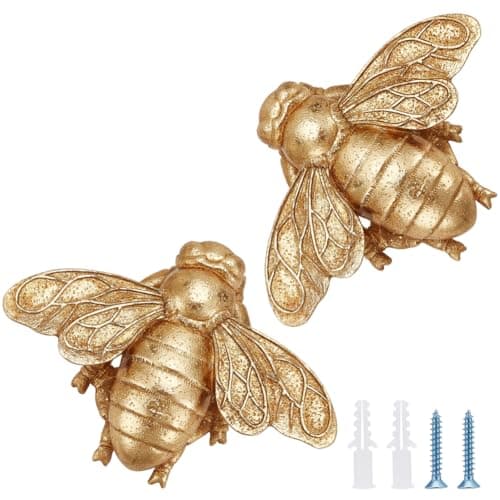 Image of ORIGACH 2 PCS Gold Bee Figurines, Mini 3D Hanging Honey Bee Wall Sculpture, Antique Golden Resin Insect Wall Mounted Decoration for Living Room, 5.9 Inch Length