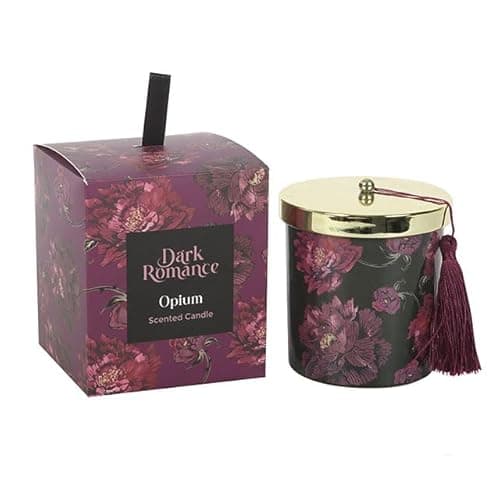 Image of Dark Romance Opium Scented Candle | Lidded Glass Jar with Purple Floral Wrap and Tassel | Gothic Home Fragrance | 28-Hour Burn | Paraffin Wax Gift Candle