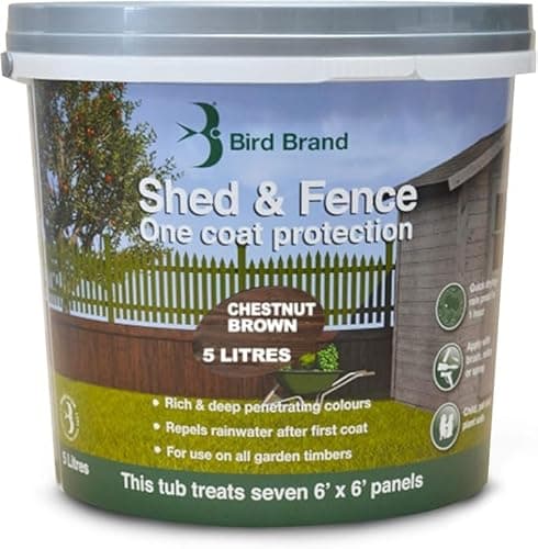 Image of 5L, Shed & Fence One Coat Protection Chestnut Brown, Garden Timber Treatment, Weatherproof Wood Stain and Preservative, Durable Exterior Finish for Sheds, Fences, Decking & Outdoor Wood Surfaces