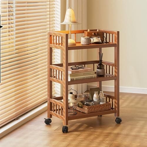 Image of BEOSIOR 3 Tier Bamboo Storage Trolley on Wheels Kitchen Trolleys for Book Beauty Craft Trolleys Rolling Utility Storage Cart for Room Bathroom Office, Space Rack Mobile Shelving Organizer