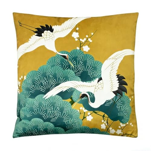 Image of ZFENGYYUAN Two white crane cushion cover Gold tranquil and zen background green pine tree Kensho pillowcase 45x45cm cherry blossoms Japanese nature design Polyester both sides printed