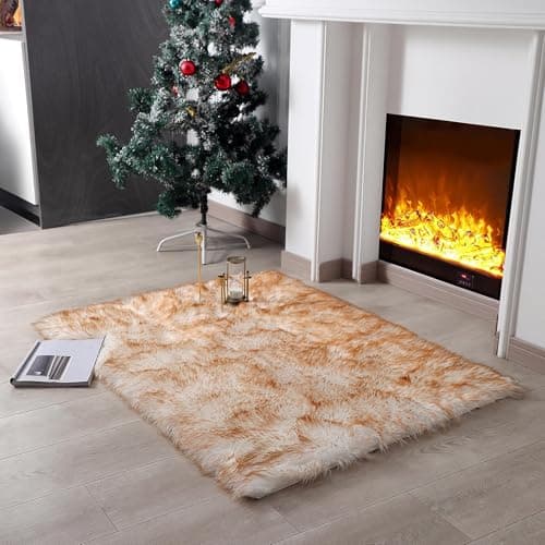 Image of linmopm Faux Fur Rug Sheepskin Shag Fluffy Fuzzy 3x4 ft Rugs for Bedroom Bedside Bed Floor Living Room Plush Rectangle High-Density Cushion Carpet Super Sofa Cover White and Yellow