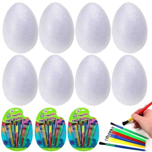Image of HOVUK 53PCs White Polystyrene Eggs with Paint Brushes - Easter Styrofoam Eggs Foam Balls for Easter Crafts and Displays, Decoration, Staining or Painting