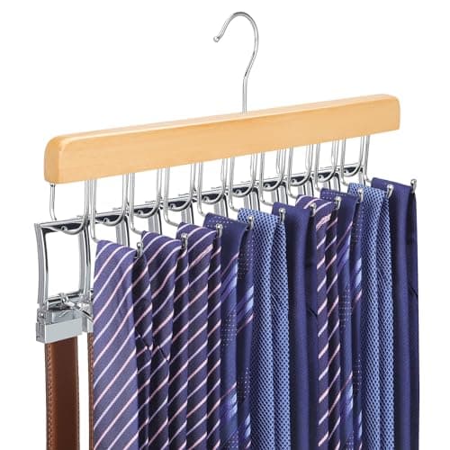 Image of TOPIA HANGER 2 in 1 Belt Tie Hanger for Closet Max 30 Belts with 30 Ties Capacity, 20 Hooks Belt Tie Racks Wooden Hanger for Closet Organizer Storage Space Saving “U” Fit Belt and “一” Fit Tie - CT47N